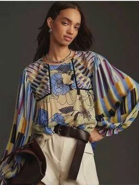 Bl^nk London Floral Blue & Cream Long Sleeve Top